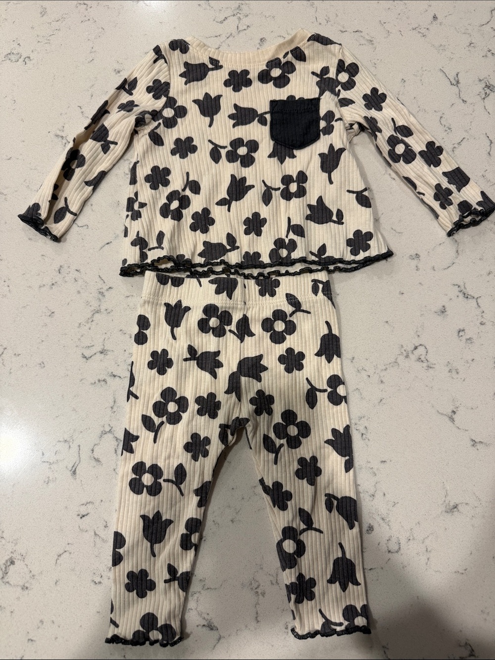 Kids Floral Ribbed Set - Black on Cream